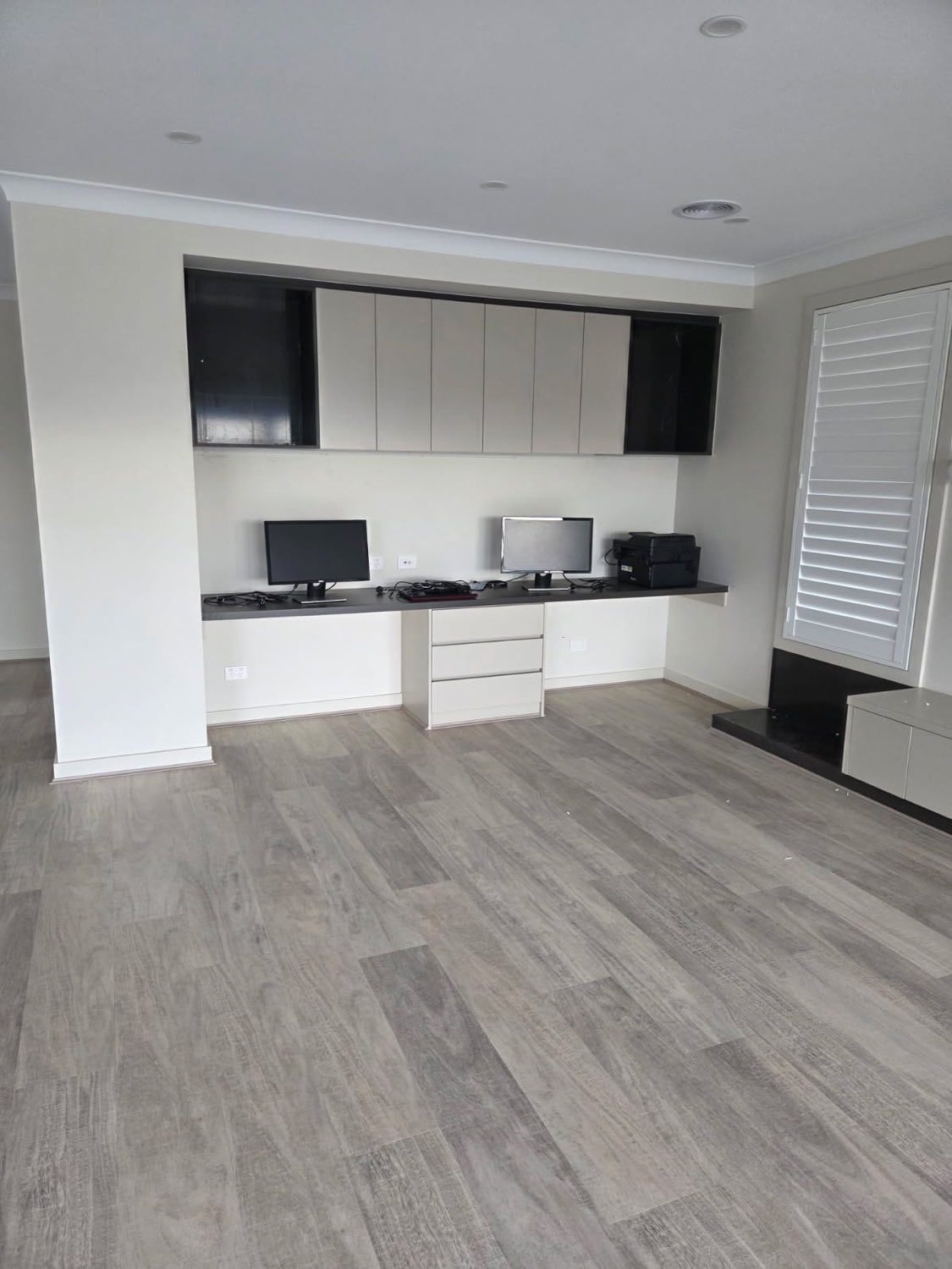 Grey and black built-in study nook