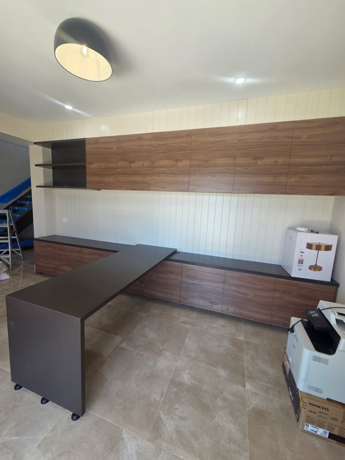 Walnut home office with L-shaped desk