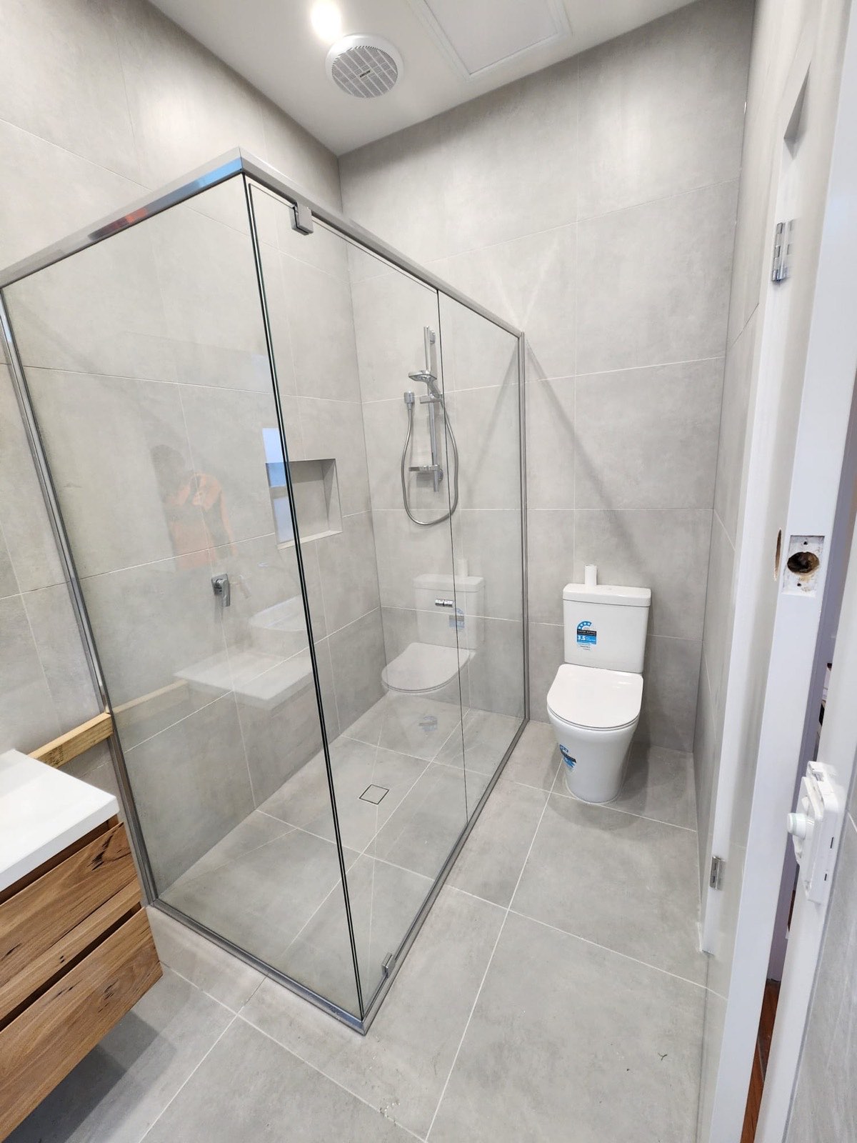 Frameless shower screen and toilet suite